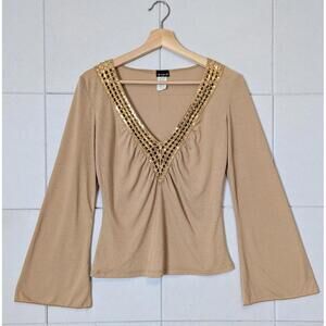 Vintage y2k bell sleeve sequin crochet V-neck disco top